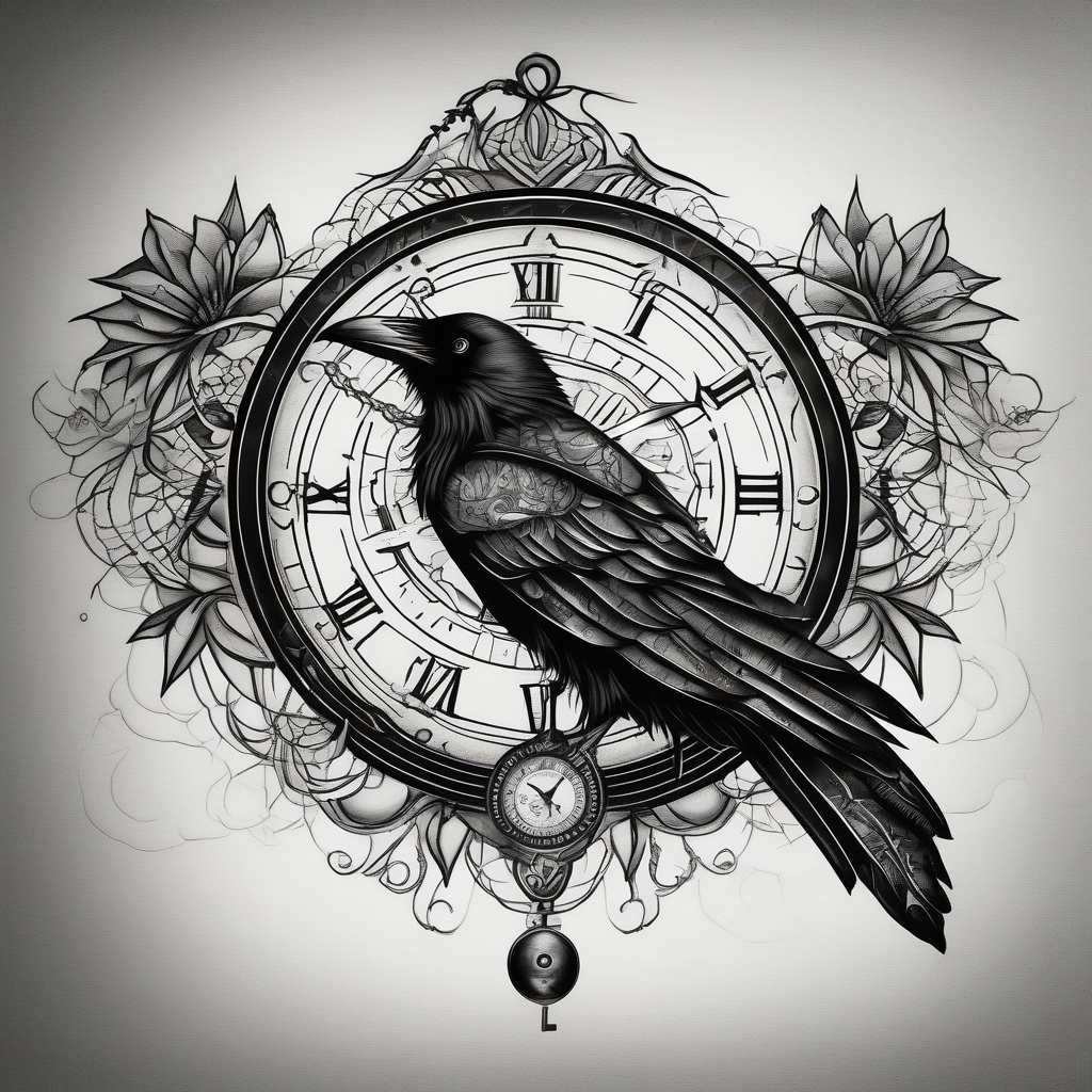 left arm tattoo of a raven mandala on a branch next to a clock face half sleeve tattoos for men, design de tatouage Blackwork généré par IA